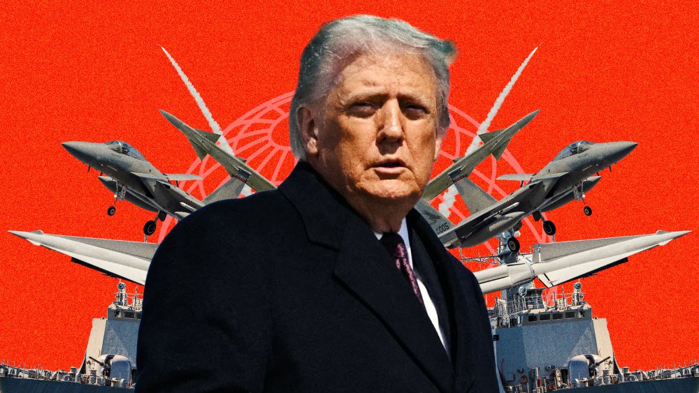Photoillustration of Donald Trump in front of American military assets and an illustrated globe icon, all overlaid on a bright orange background.
