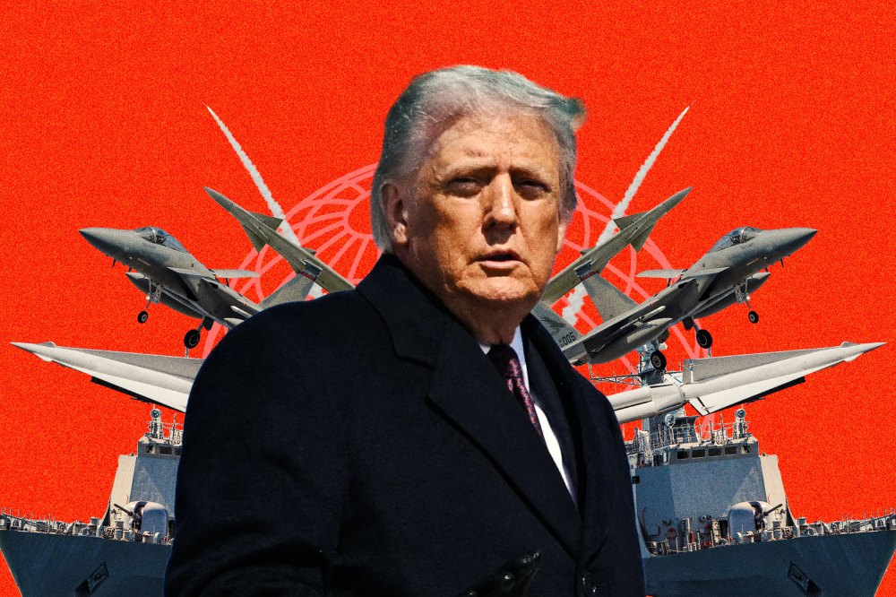 Photoillustration of Donald Trump in front of American military assets and an illustrated globe icon, all overlaid on a bright orange background.