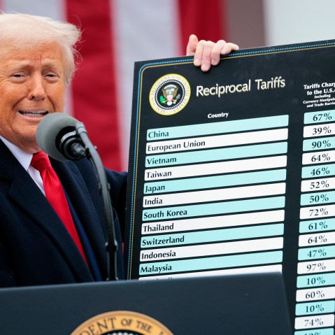 President Donald Trump holds up a chart of "reciprocal tariffs" while speaking during a “Make America Wealthy Again” trade announcement event.