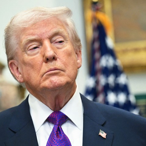 President Donald Trump looks on in the Roosevelt Room of the White House.