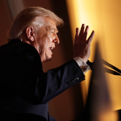 Donald Trump, seen at profile, speaks into a microphone.