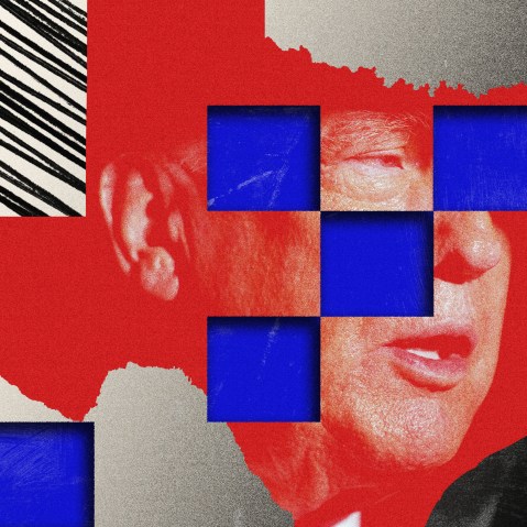 An illustration of Donald Trump set within the outline of Texas, layered over blue squares.