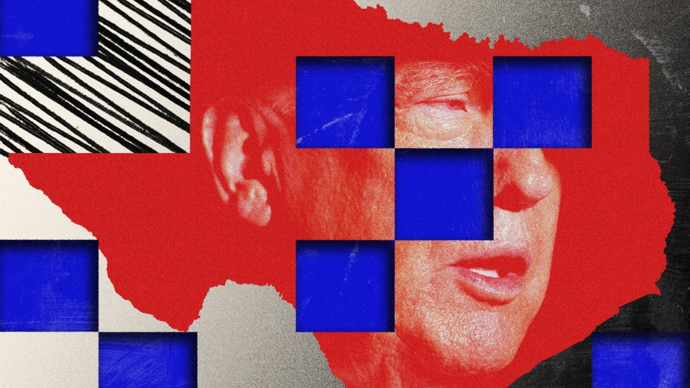 An illustration of Donald Trump set within the outline of Texas, layered over blue squares.