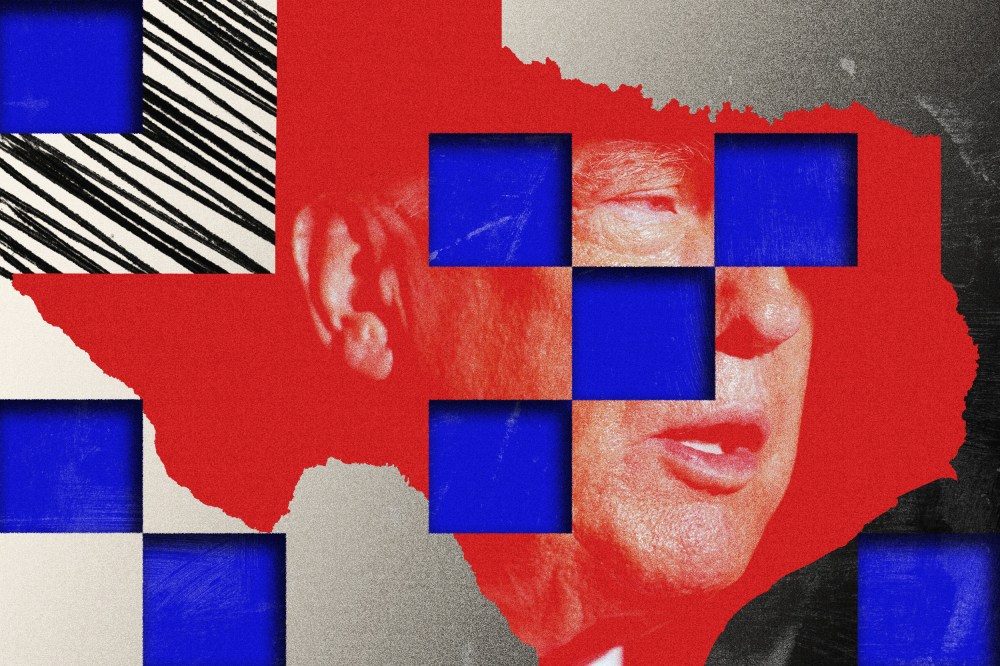 An illustration of Donald Trump set within the outline of Texas, layered over blue squares.