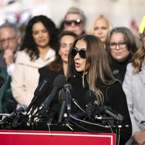 Epstein abuse survivor Marina Lacerda speaks during the press conference on the Epstein Files Transparency Act.