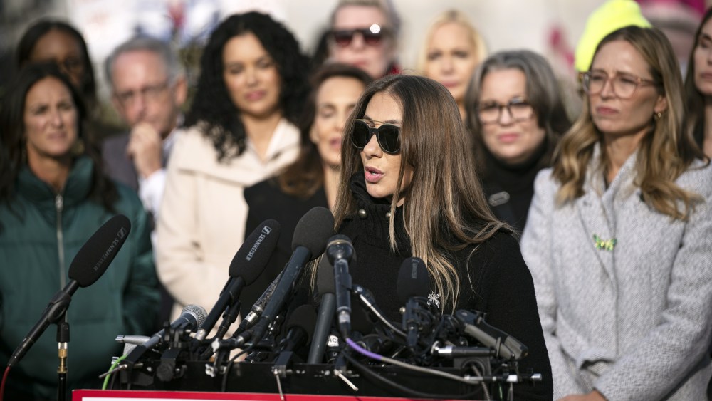 Epstein abuse survivor Marina Lacerda speaks during the press conference on the Epstein Files Transparency Act.