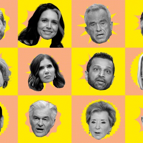 A photo illustration featuring heads of Trump's Cabinet in a pink and yellow grid. Top row, left to right: Pete Hegseth, Tulsi Gabbard, RFK Jr., JD Vance. Middle row: Susie Wiles, Kristi Noem, Kash Patel, Pam Bondi. Bottom row: Marco Rubio, Mehmet Oz, Linda McMahon, Howard Lutnick.