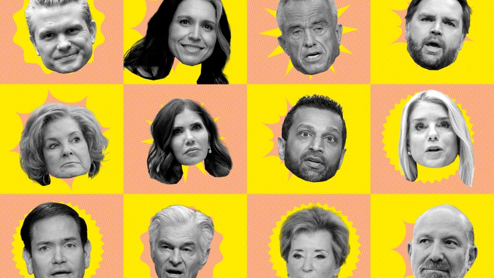 A photo illustration featuring heads of Trump's Cabinet in a pink and yellow grid. Top row, left to right: Pete Hegseth, Tulsi Gabbard, RFK Jr., JD Vance. Middle row: Susie Wiles, Kristi Noem, Kash Patel, Pam Bondi. Bottom row: Marco Rubio, Mehmet Oz, Linda McMahon, Howard Lutnick.