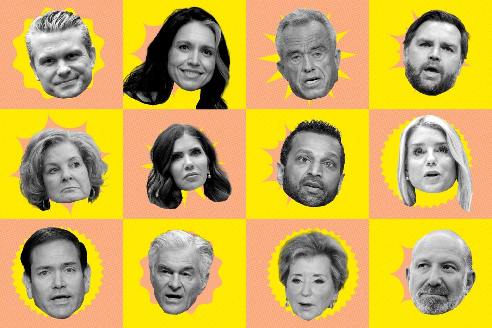 A photo illustration featuring heads of Trump's Cabinet in a pink and yellow grid. Top row, left to right: Pete Hegseth, Tulsi Gabbard, RFK Jr., JD Vance. Middle row: Susie Wiles, Kristi Noem, Kash Patel, Pam Bondi. Bottom row: Marco Rubio, Mehmet Oz, Linda McMahon, Howard Lutnick.