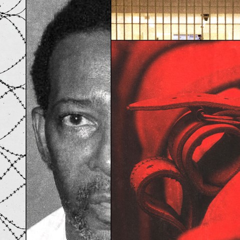 A photo collage of a man surrounded by images of barbed wire, a hospital bed with restraints, and a jail cell.