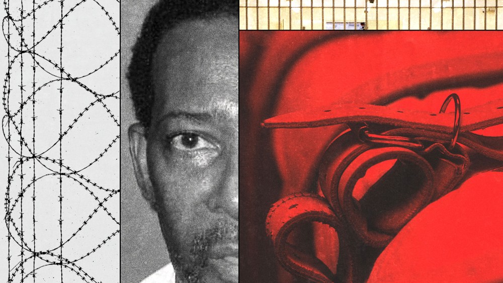 A photo collage of a man surrounded by images of barbed wire, a hospital bed with restraints, and a jail cell.