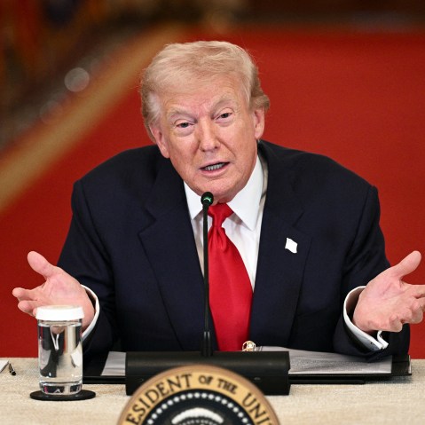 President Donald Trump speaks during a roundtable to "save college sports" in the East Room of the White House.