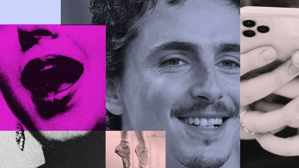 A collage showing Timothée Chalamet, a woman singing opera, ballet shoes, and a person using a phone