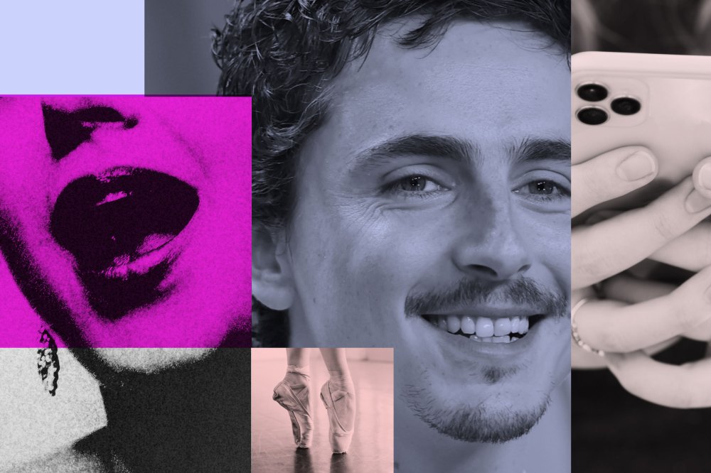 A collage showing Timothée Chalamet, a woman singing opera, ballet shoes, and a person using a phone