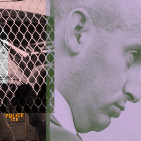 A collage showing ICE agents, and a close up of Stephen Miller