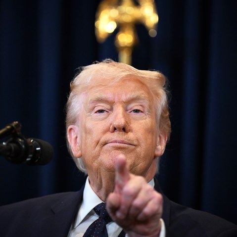 President Donald Trump speaks to reporters during a news conference.