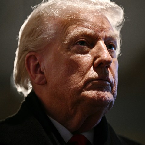 In this closeup frame, Donald Trump can be seen seriously looking away.