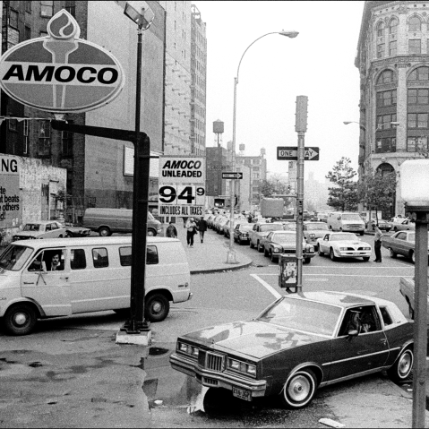 Motorists line up on E Houston Street (at Crosby St) to try and buy gasoline during an oil crisis, New York, New York, May 25, 1979
