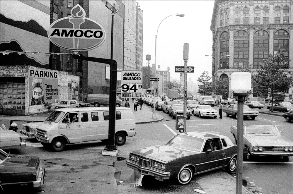 Motorists line up on E Houston Street (at Crosby St) to try and buy gasoline during an oil crisis, New York, New York, May 25, 1979