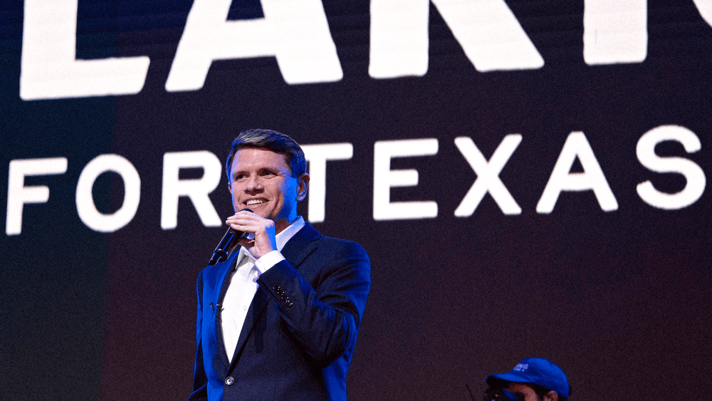 Texas Senate candidate James Talarico (D-TX) (R) speaks at a campaign rally after being introduced by social media personality and influencer Carlos Eduardo Espina, left, on March 2, 2026 in Houston, Texas