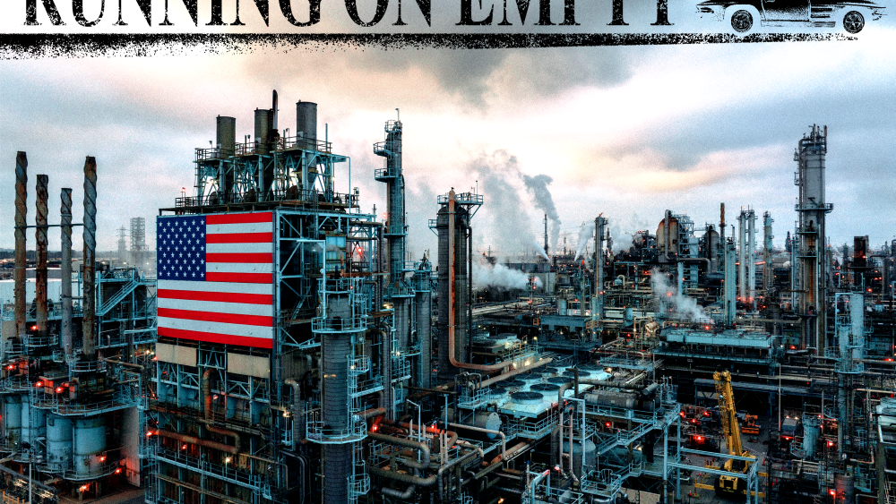 Marathon Petroleum Corp's Los Angeles Refinery, one of the largest oil refineries in the North America, operates as gas prices rocket upward due to worldwide oil supply disruptions caused by the U.S. and Israeli attack on Iran. Text reads RUNNING ON EMPTY."