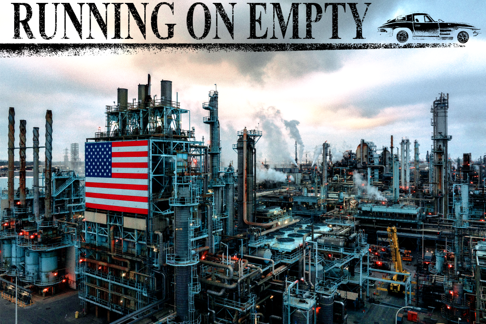 Marathon Petroleum Corp's Los Angeles Refinery, one of the largest oil refineries in the North America, operates as gas prices rocket upward due to worldwide oil supply disruptions caused by the U.S. and Israeli attack on Iran. Text reads RUNNING ON EMPTY."
