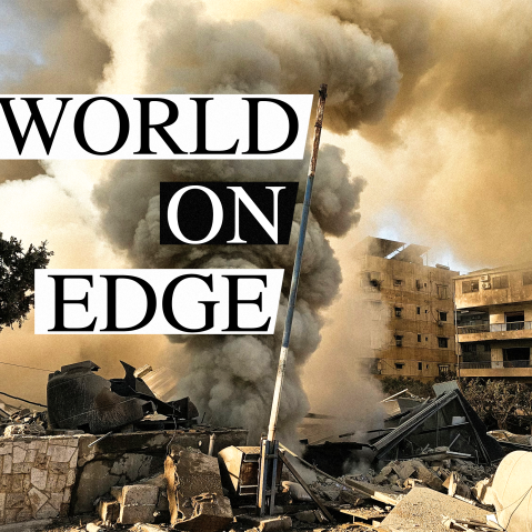 Smoke rises from the site of an Israeli airstrike on the southern suburbs of Beirut on March 3, 2026. Title reads WORLD ON EDGE