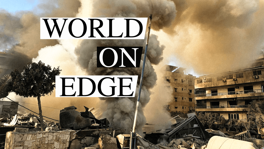 Smoke rises from the site of an Israeli airstrike on the southern suburbs of Beirut on March 3, 2026. Title reads WORLD ON EDGE