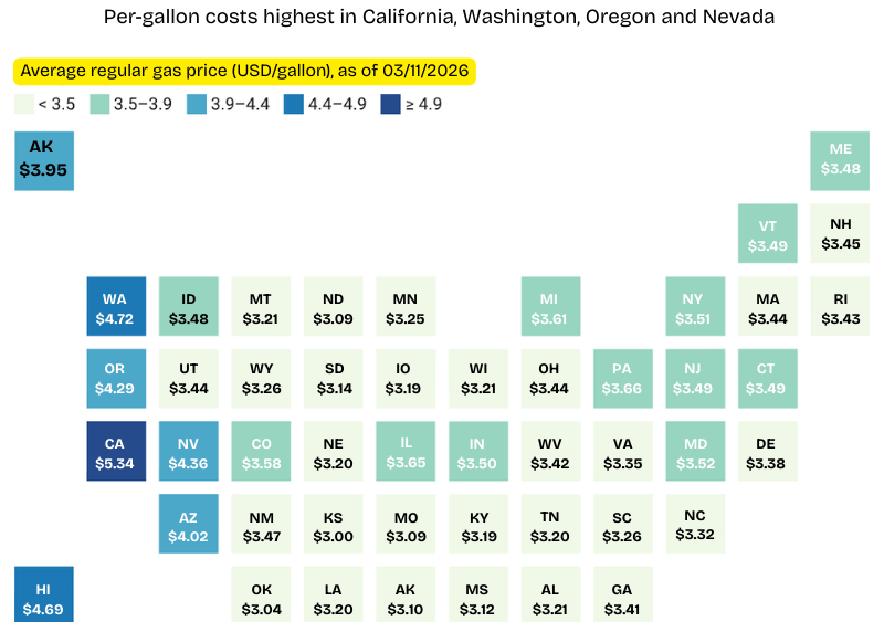A map showing national average of gas prices in U.S. states.