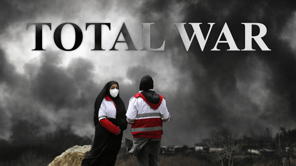 Black smoke rises after fires broke out following US-Israel attacks targeting some oil storage facilities targeted, including the Shehran oil depot, in Tehran, Iran. Headline reads TOTAL WAR.